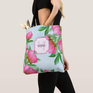 Botanical Pink Peonies Chic Girly Monogram Peonies Tote Bag