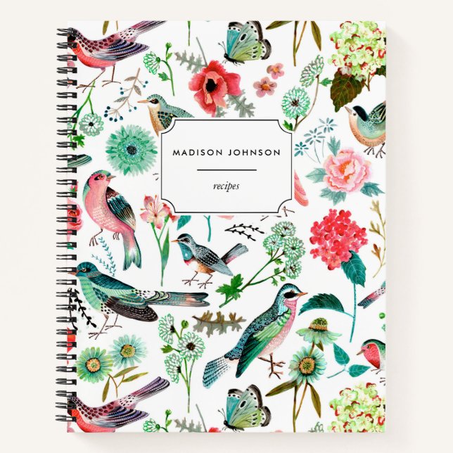 Botanical pink red floral Flowers Birds Pattern Notebook (Front)