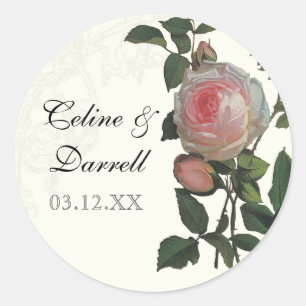 Botanical Pink Rose, Black Wedding Sticker or Seal