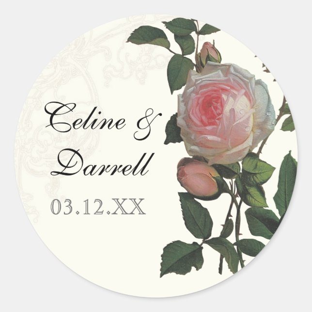 Botanical Pink Rose, Black Wedding Sticker or Seal (Front)