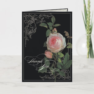 Botanical Pink Rose, Black Wedding Thank You Notes