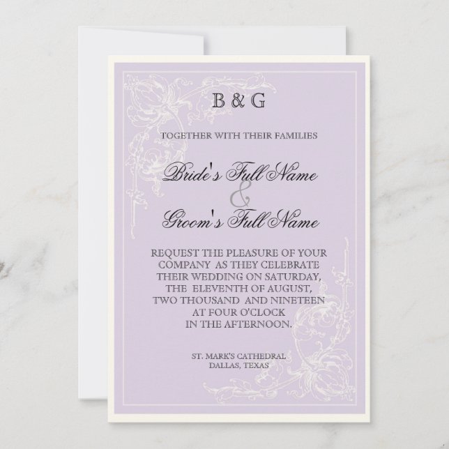 Botanical Pink Rose, Lavender Wedding Invitation (Front)