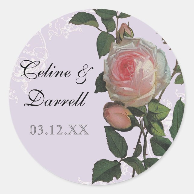 Botanical Pink Rose, Lilac Wedding Sticker or Seal (Front)