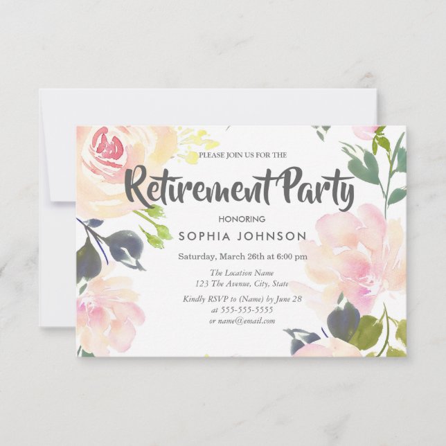 Botanical Pink Rose Retirement Party Invite (Front)