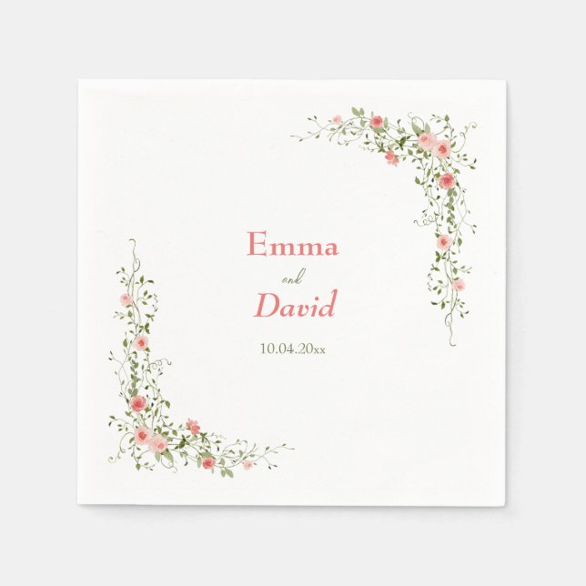 Botanical Pink Roses Rustic wedding Paper Napkin (Front)