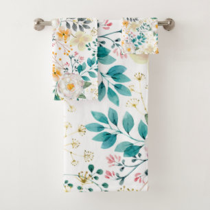 Botanical pink teal white orange floral bath towel set