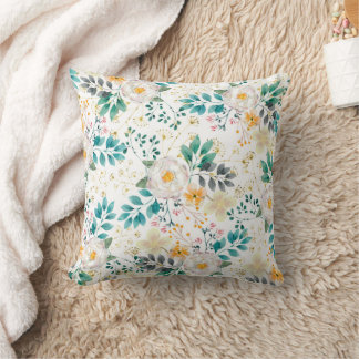 Botanical pink teal white orange floral cushion