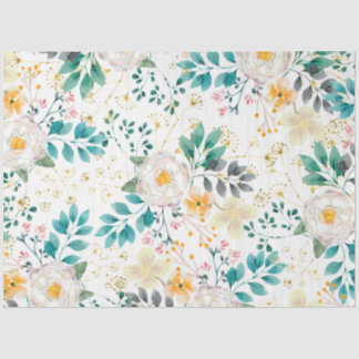 Botanical pink teal white orange floral tissue paper