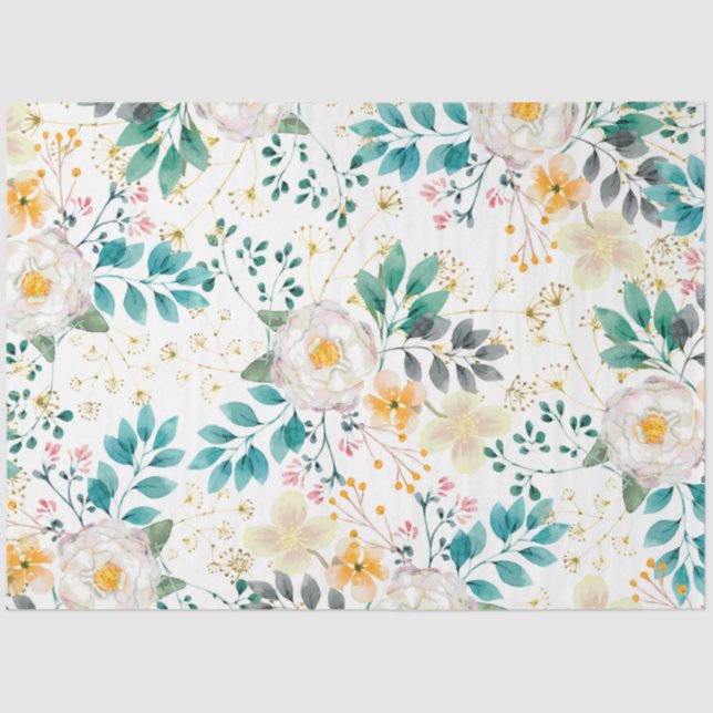 Botanical pink teal white orange floral tissue paper (Front)