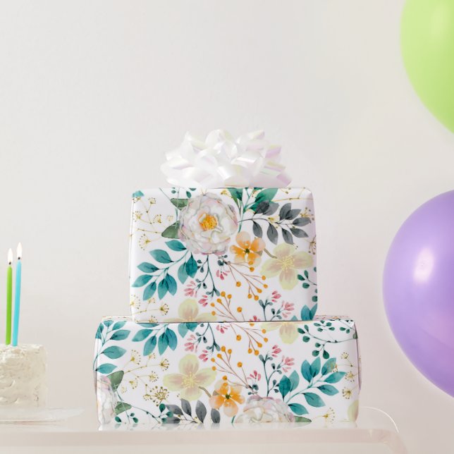 Botanical pink teal white orange floral wrapping paper (Party Gifts)