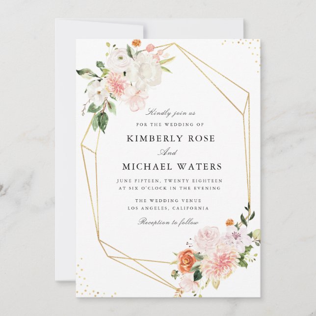 botanical pink watercolor floral geometric wedding invitation (Front)