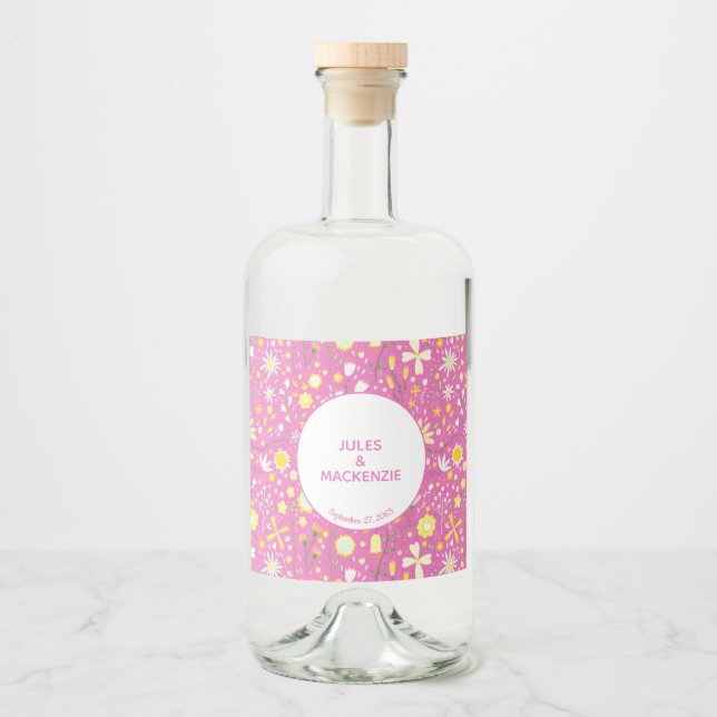 Botanical Pink Wildflower Floral Pattern Liquor Bottle Label (Front)