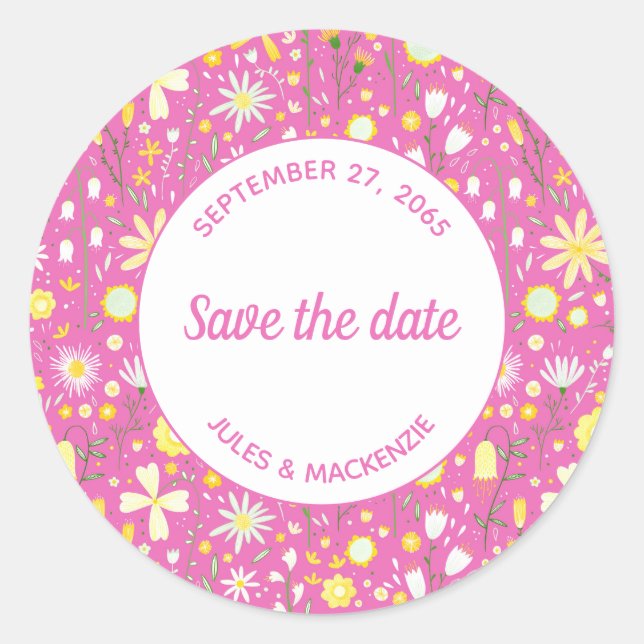 Botanical Pink Wildflower Floral Save the Date Classic Round Sticker (Front)