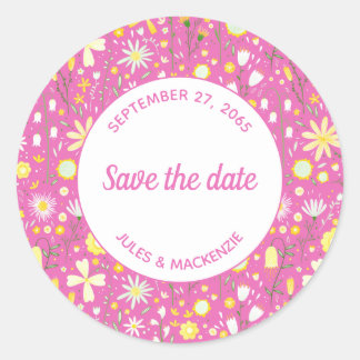 Botanical Pink Wildflower Floral Save the Date Classic Round Sticker