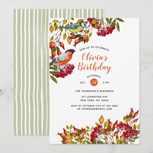 Botanical Plants and Birds Birthday Invitation (Front/Back)