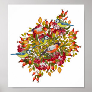 Botanical Plants and Birds Illustration Poster