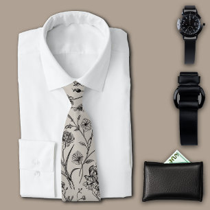 Botanical Plants Vintage Grey Personalise Initial Tie