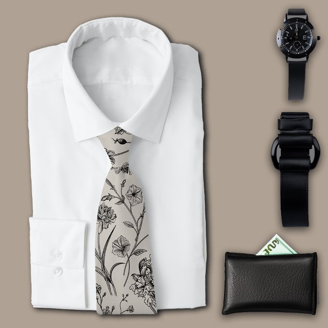 Botanical Plants Vintage Grey Personalise Initial Tie (Creator Uploaded)