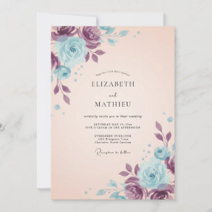 Botanical Plum Aqua Painted Wedding Invitation