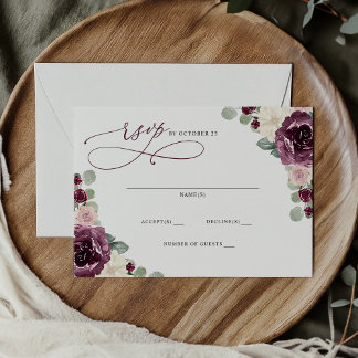 Botanical Plum Gold Floral Wedding RSVP Postcard