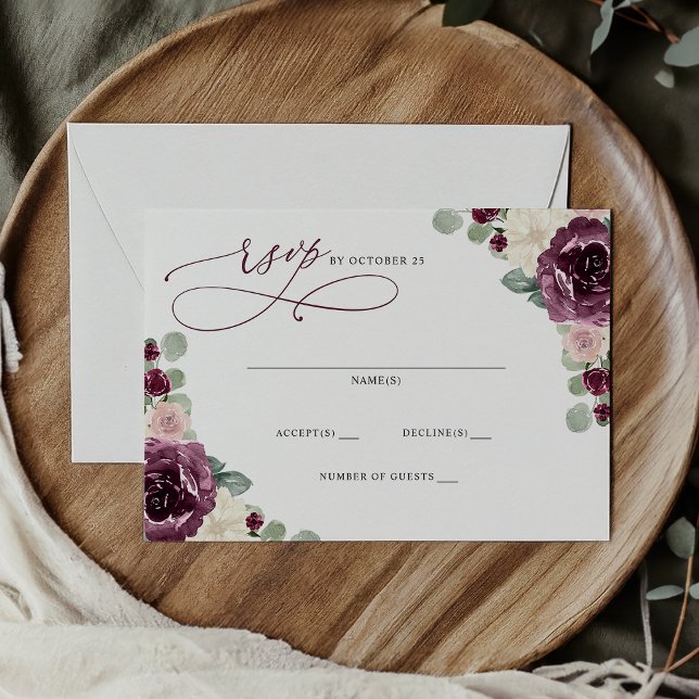 Botanical Plum Gold Floral Wedding RSVP Postcard (Elegant Modern Botanical Plum Floral Wedding RSVP Card)