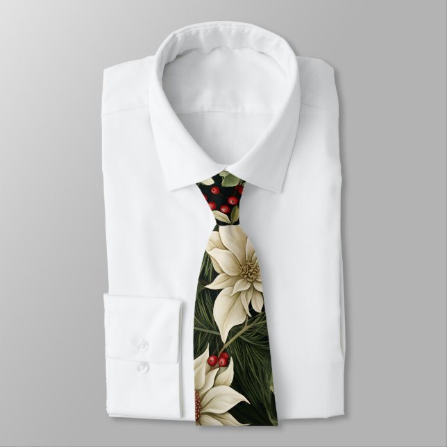 Botanical Poinsettia Christmas Pattern Tie (Tied)