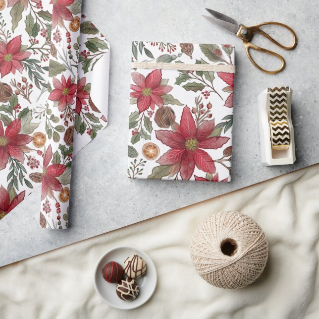 Botanical Poinsettia Rustic Christmas Wrapping Paper (Crafts)