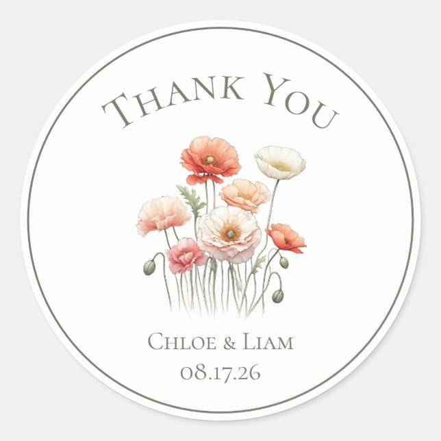Botanical Poppies Custom Wedding Thank You Classic Round Sticker (Front)