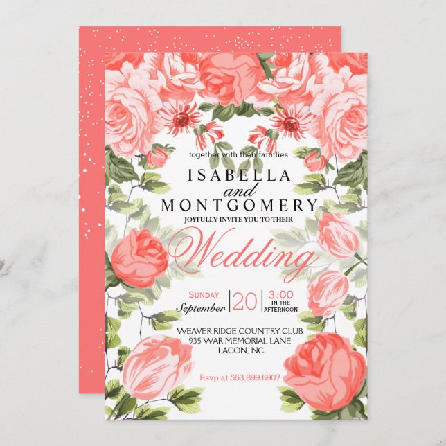 Botanical  Pretty Coral Floral Wedding Invitation (Front/Back)