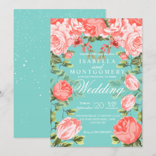 Botanical  Pretty Teal and Coral Floral Wedding Invitation