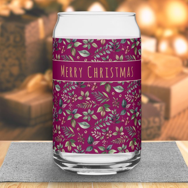 Botanical Print Christmas Deep Red Personalised Can Glass (An elegant Christmas drinks glass with botanical leaves and berries pattern on a burgundy background)