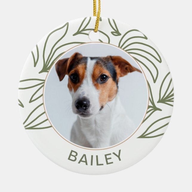 Botanical Print Dog Photo and Name Christmas Ceramic Tree Decoration (Front)