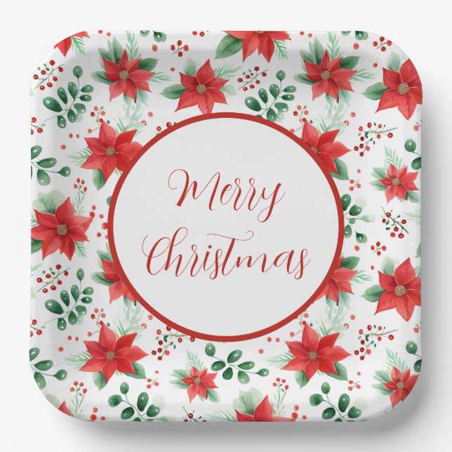 Botanical Print Red Poinsettias Watercolor Pattern Paper Plate (Front)