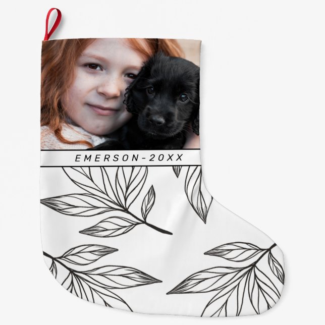 Botanical Print with Photo and Name Black Large Christmas Stocking (Front)