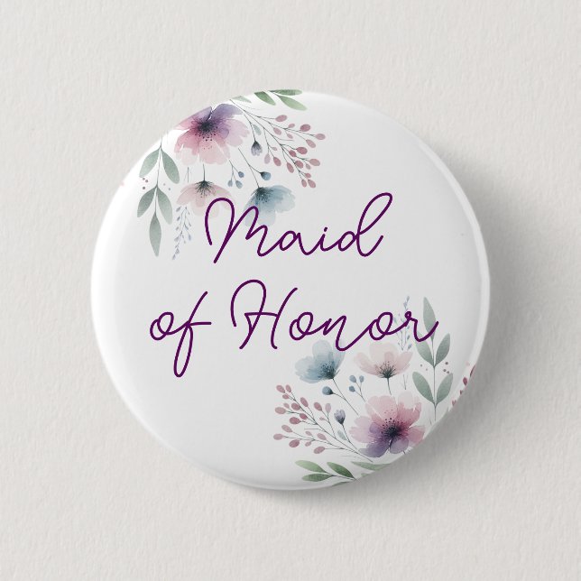 Botanical Purple and Green Maid of Honour 6 Cm Round Badge (Front)