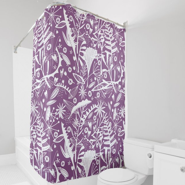Botanical Purple and White Floral Shower Curtain (Purple and white botanical pattern shower curtain)