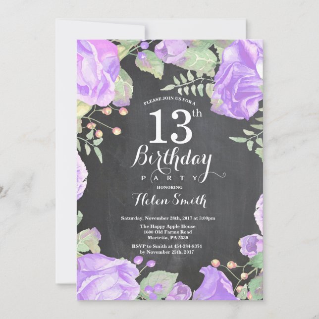 Botanical Purple Floral 13th Birthday Invitation (Front)