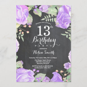 Botanical Purple Floral 13th Birthday Invitation
