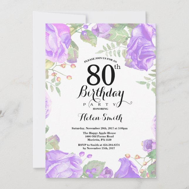 Botanical Purple Floral 80th Birthday Invitation (Front)