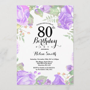 Botanical Purple Floral 80th Birthday Invitation