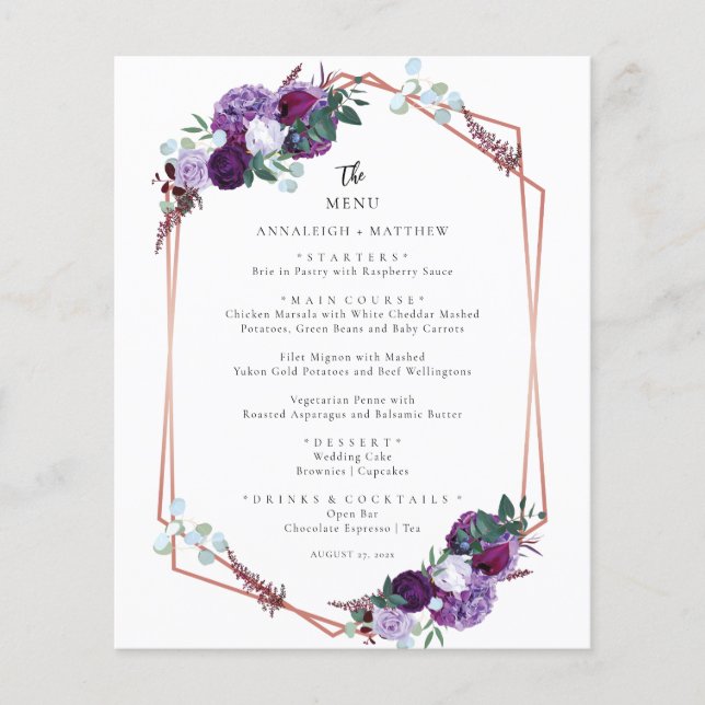 Botanical Purple Floral Elegant Wedding Menu (Front)