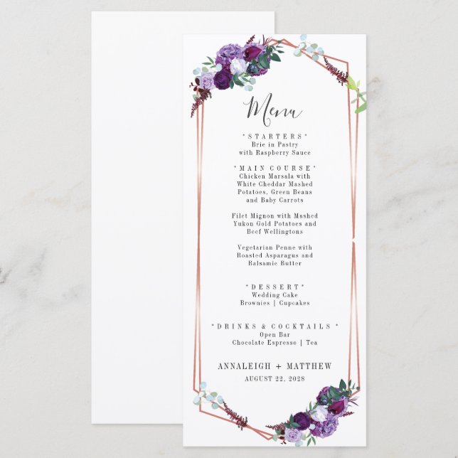 Botanical Purple Floral Geometric Elegant Wedding Menu (Front/Back)