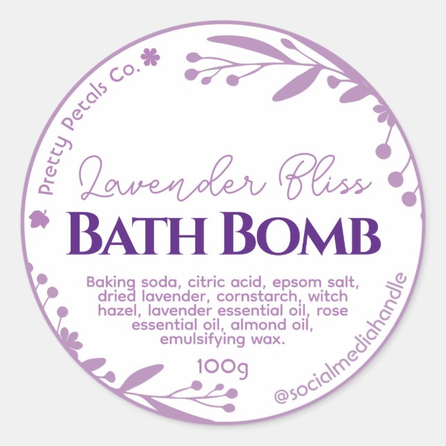 Botanical Purple Floral Lavender Bath Bomb Labels (Front)