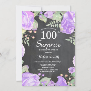 Botanical Purple Floral Surprise 100th Birthday Invitation