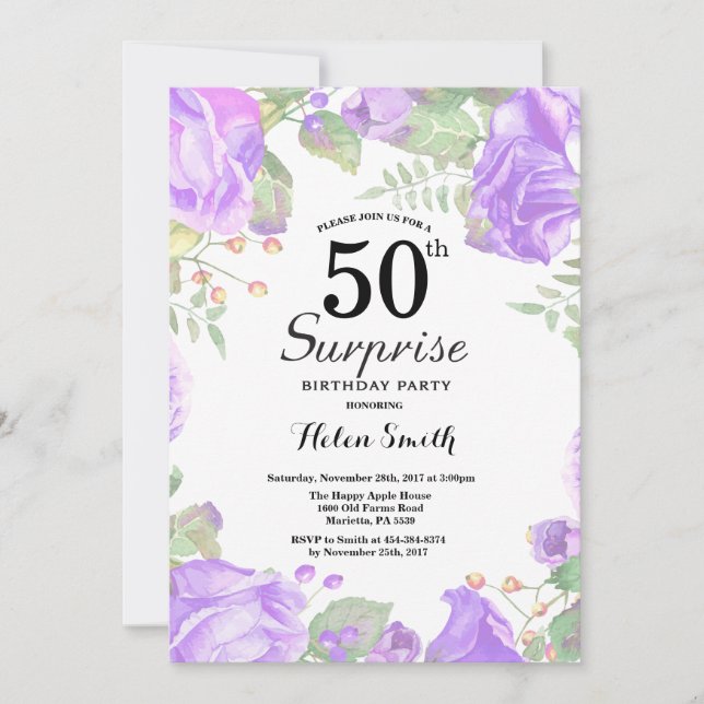 Botanical Purple Floral Surprise 50th Birthday Invitation (Front)