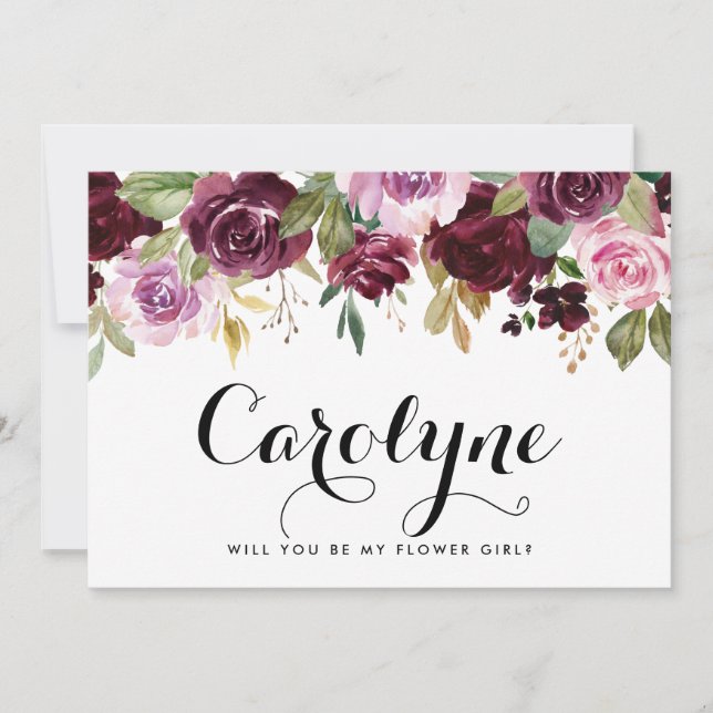 Botanical Purple Floral Will You Be My Flower Girl Announcement (Front)