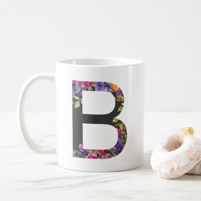 Botanical Purple Flowers Letter B Monogram Coffee Mug (With Donut)