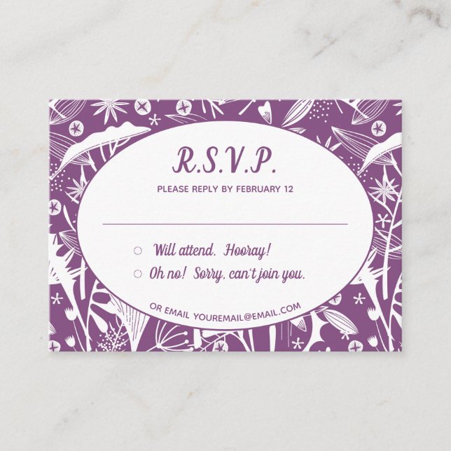 Botanical Purple Foliage Pattern RSVP Enclosure Card (Front)