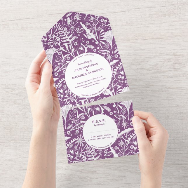 Botanical Purple Foliage Wedding All In One Invitation (Tearaway)