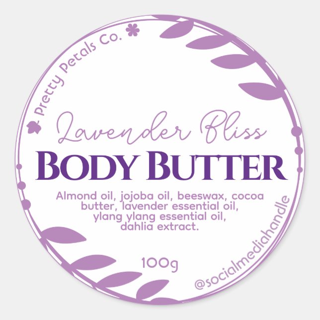 Botanical Purple Leaf Lavender Body Butter Labels (Front)